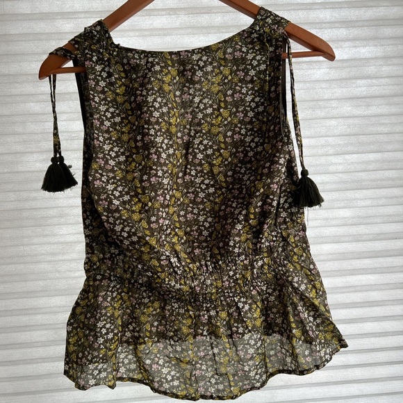J. Crew V-neck Cotton Voile Top Green Floral Stripe Sleeveless Peplum Small - Picture 7 of 8